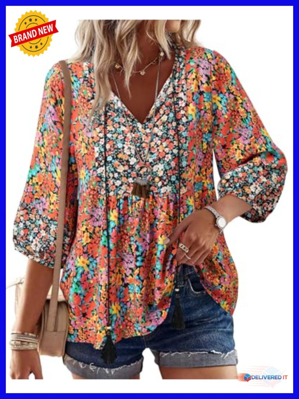 Boho Floral Babydoll Tunic Blouse 3/4 Sleeve Peplum V-Neck Tie Front Summer